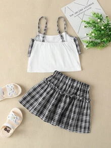 小女童格紋前蝴蝶結吊帶上衣和褶邊半身裙 - 黑與白 - 查看 2