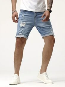 Manfinity LEGND Hombres Shorts en mezclilla algodón desgarro con lavado - Lavado ligero - Ver 6