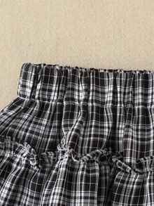 小女童格紋前蝴蝶結吊帶上衣和褶邊半身裙 - 黑與白 - 查看 6