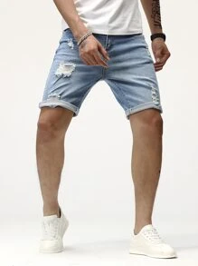 Manfinity LEGND Hombres Shorts en mezclilla algodón desgarro con lavado - Lavado ligero - Ver 8