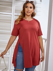 SHEIN LUNE Áo thun Plus size Chia màu trơn Giải trí - Màu Đỏ Sâu - Xem 1