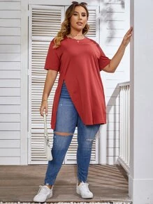 SHEIN LUNE Áo thun Plus size Chia màu trơn Giải trí - Màu Đỏ Sâu - Xem 4