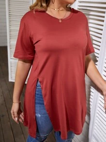SHEIN LUNE Áo thun Plus size Chia màu trơn Giải trí - Màu Đỏ Sâu - Xem 5