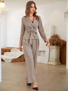 Modelyn In sọc Đôi ngực Thắt lưng Áo vest Với Quần được thiết kế riêng Trang phục làm việc - Màu be - Xem 3