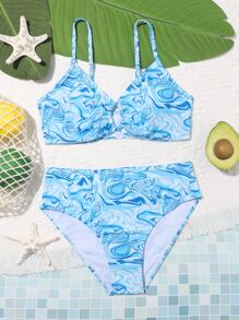 Conjunto de bikini de patrón fluido para niña preadolescente, verano playa - Azul - Ver 1