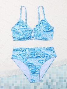 Conjunto de bikini de patrón fluido para niña preadolescente, verano playa - Azul - Ver 5