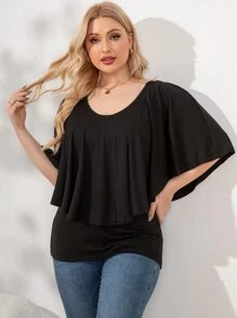 SHEIN LUNE 大碼蝙蝠袖大圓領T恤 - 黑色 - 查看 1