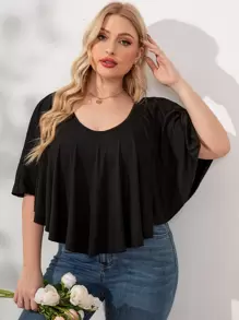 SHEIN LUNE 大碼蝙蝠袖大圓領T恤 - 黑色 - 查看 4