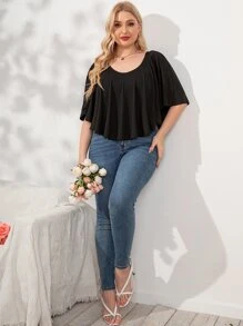 SHEIN LUNE 大碼蝙蝠袖大圓領T恤 - 黑色 - 查看 6