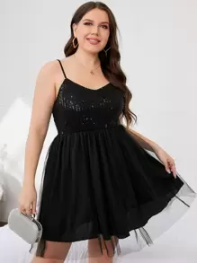 SHEIN Belle Đầm Plus Size ghép mộng kim sa màu trơn Hấp dẫn - màu đen - Xem 1