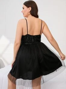 SHEIN Belle Đầm Plus Size ghép mộng kim sa màu trơn Hấp dẫn - màu đen - Xem 2