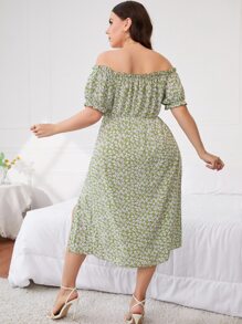 Đầm Plus Size viền lá sen Tách cao Họa tiết hoa Boho - màu xanh lá - Xem 2
