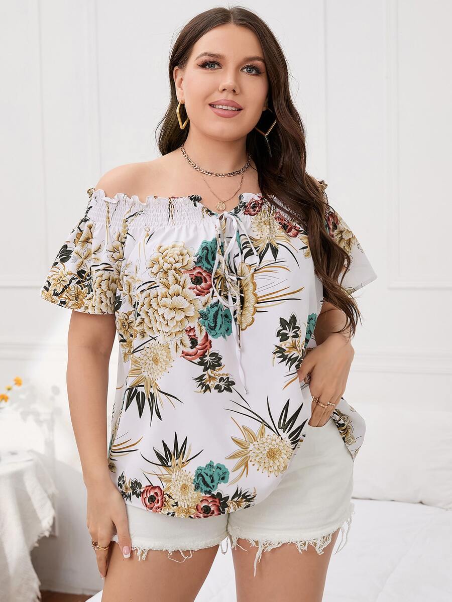 Plus Off Shoulder Floral Blouse - Multicolor - View 1