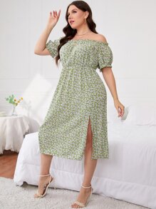 Đầm Plus Size viền lá sen Tách cao Họa tiết hoa Boho - màu xanh lá - Xem 3