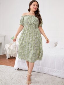 Đầm Plus Size viền lá sen Tách cao Họa tiết hoa Boho - màu xanh lá - Xem 5