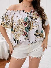 Plus Off Shoulder Floral Blouse - Multicolor - View 5