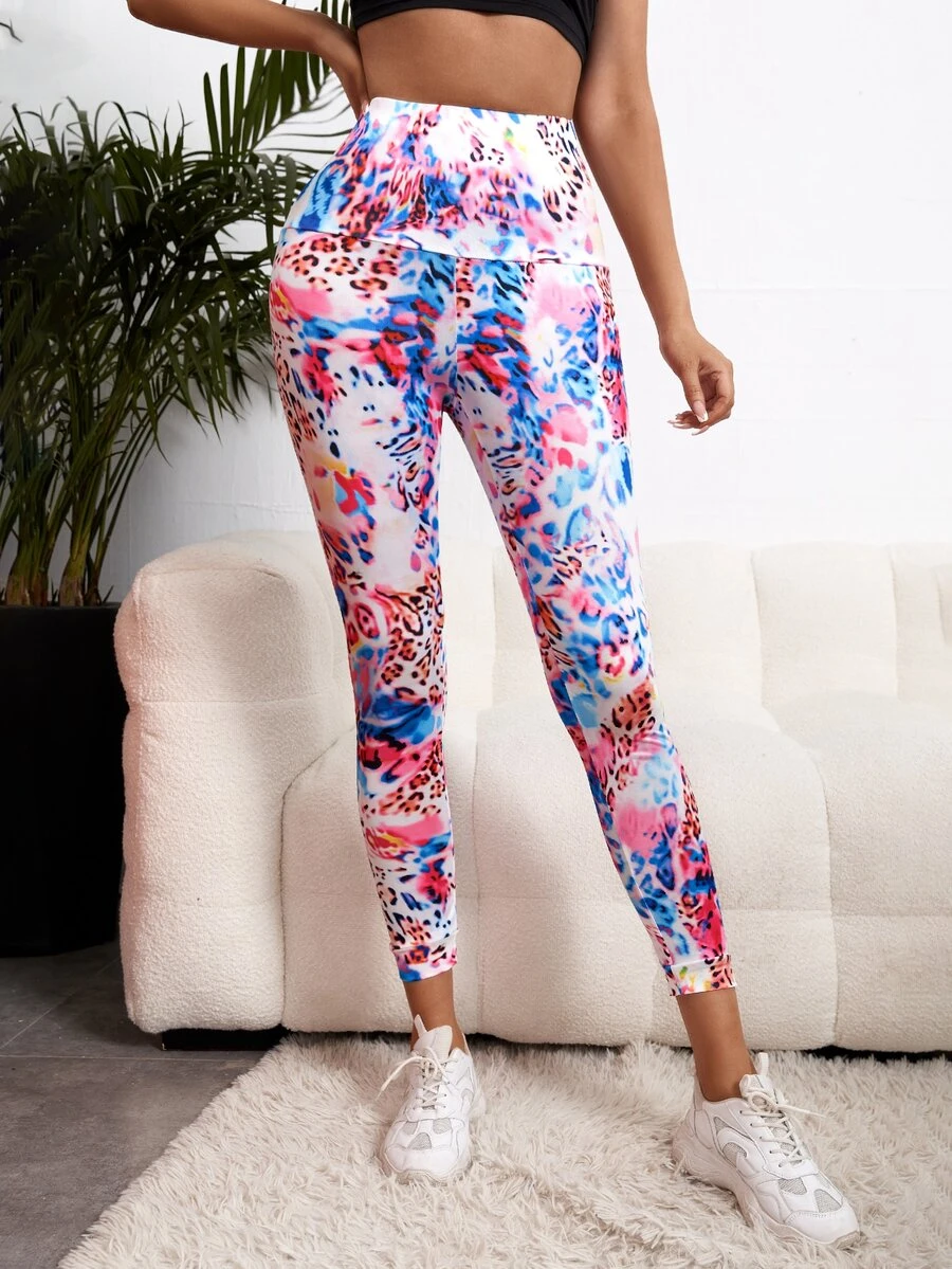 豹紋印花寬腰帶緊身打底褲 - 彩色 - 查看 1