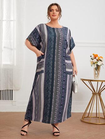Al Najma Plus Patch Pocket Striped Print Tunic Dress, Summer