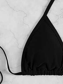 Plain Halter Triangle Bikini Set, For Summer Beach Vacation - Black - View 4