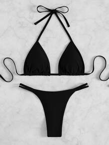 Plain Halter Triangle Bikini Set, For Summer Beach Vacation - Black - View 5