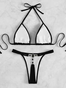 Plain Halter Triangle Bikini Set, For Summer Beach Vacation - Black - View 2