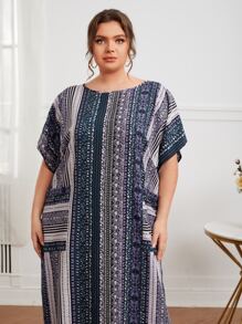 Al Najma Plus Patch Pocket Striped Print Tunic Dress, Summer - Multicolor - View 3