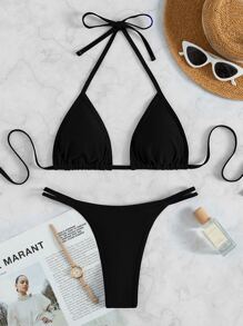 Plain Halter Triangle Bikini Set, For Summer Beach Vacation - Black - View 6