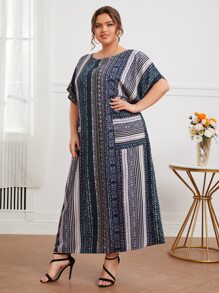 Al Najma Plus Patch Pocket Striped Print Tunic Dress, Summer - Multicolor - View 5