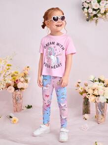 SHEIN 年輕女孩口號與卡通圖形t恤和緊身褲