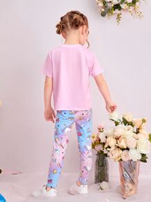 SHEIN 年輕女孩口號與卡通圖形t恤和緊身褲