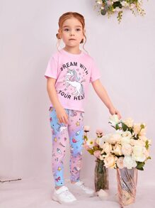 SHEIN 年輕女孩口號與卡通圖形t恤和緊身褲