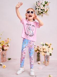 SHEIN 年輕女孩口號與卡通圖形t恤和緊身褲