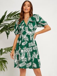 SHEIN VCAY Đầm Lộ Lưng Xù Buộc lại Thực vật Tất cả trên in Boho - Nhiều màu - Xem 1