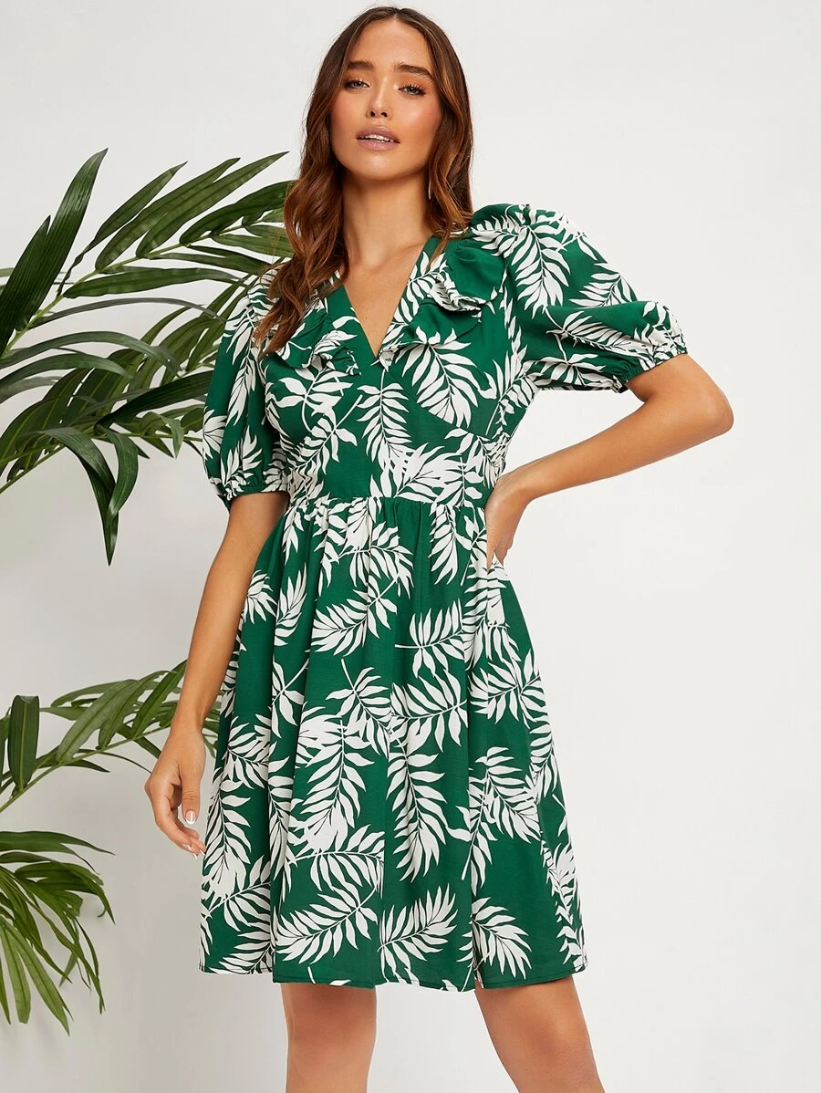 SHEIN VCAY Đầm Lộ Lưng Xù Buộc lại Thực vật Tất cả trên in Boho - Nhiều màu - Xem 1
