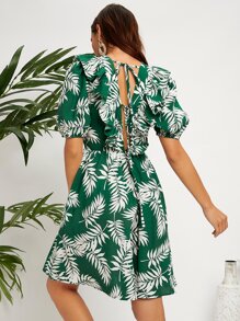SHEIN VCAY Đầm Lộ Lưng Xù Buộc lại Thực vật Tất cả trên in Boho - Nhiều màu - Xem 2