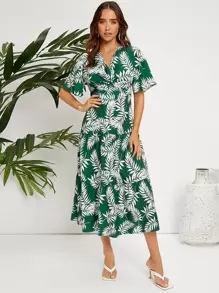 SHEIN 蝴蝶袖前扭結熱帶圖案連衣裙 - 彩色 - 查看 1