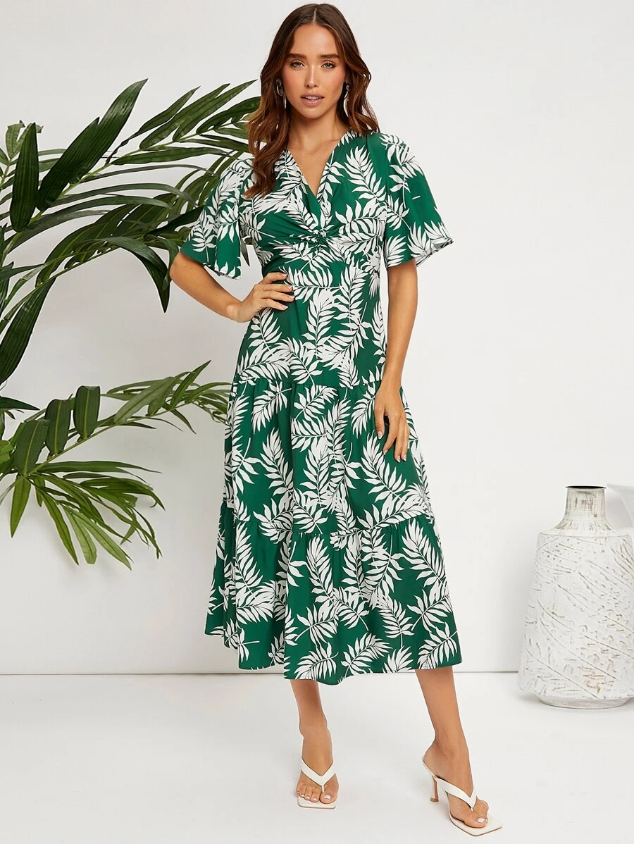 SHEIN 蝴蝶袖前扭結熱帶圖案連衣裙 - 彩色 - 查看 1