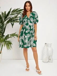 SHEIN VCAY Đầm Lộ Lưng Xù Buộc lại Thực vật Tất cả trên in Boho - Nhiều màu - Xem 3