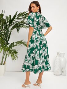 SHEIN 蝴蝶袖前扭結熱帶圖案連衣裙 - 彩色 - 查看 2