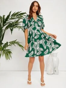SHEIN VCAY Đầm Lộ Lưng Xù Buộc lại Thực vật Tất cả trên in Boho - Nhiều màu - Xem 4
