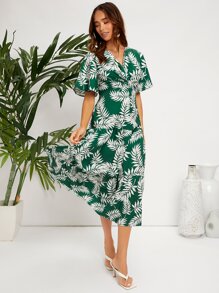 SHEIN 蝴蝶袖前扭結熱帶圖案連衣裙 - 彩色 - 查看 3