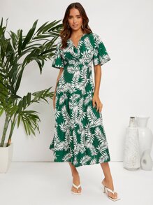 SHEIN 蝴蝶袖前扭結熱帶圖案連衣裙 - 彩色 - 查看 4