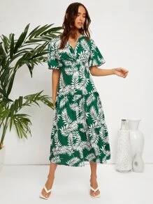 SHEIN 蝴蝶袖前扭結熱帶圖案連衣裙 - 彩色 - 查看 5