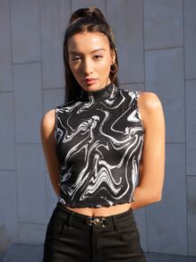 SHEIN 大理石圖案立領背心上衣 - 黑與白 - 查看 3