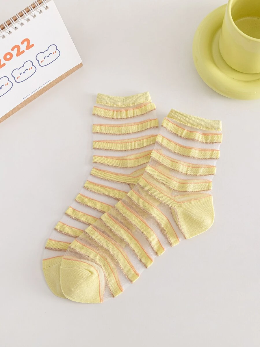條紋圖案中筒襪 - 黃色 - 查看 1