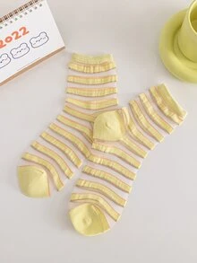 條紋圖案中筒襪 - 黃色 - 查看 2