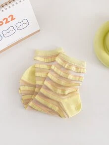 條紋圖案中筒襪 - 黃色 - 查看 3