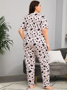 Plus Cow & Cartoon Graphic PJ Set - Baby Pink - View 2