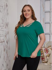 SHEIN Áo thun Plus size Cắt ra màu trơn Giải trí - màu xanh lá - Xem 3