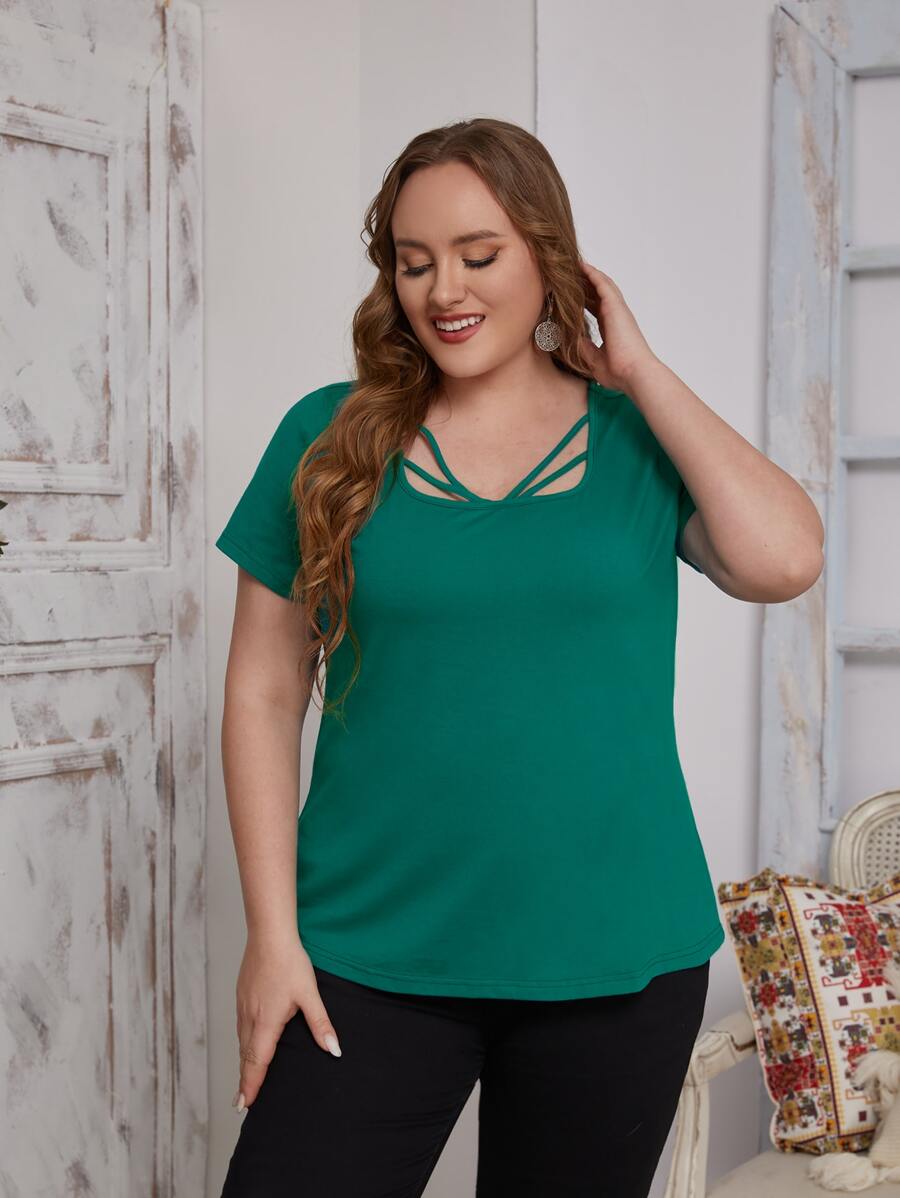 SHEIN Áo thun Plus size Cắt ra màu trơn Giải trí - màu xanh lá - Xem 1